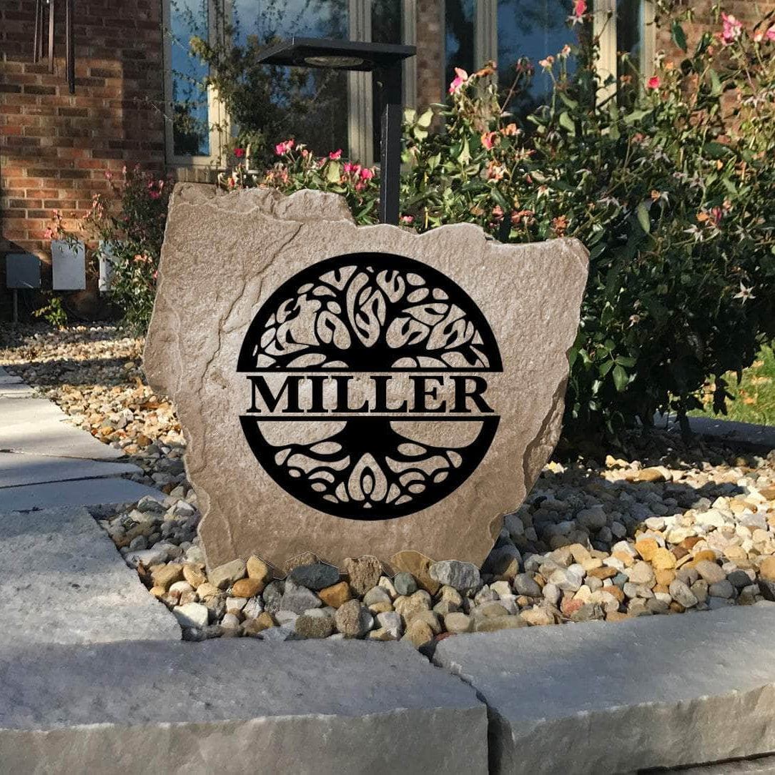 Weather-resistant Tree of Life family initial marker designed to add natural beauty and personalized style to your outdoor living space.