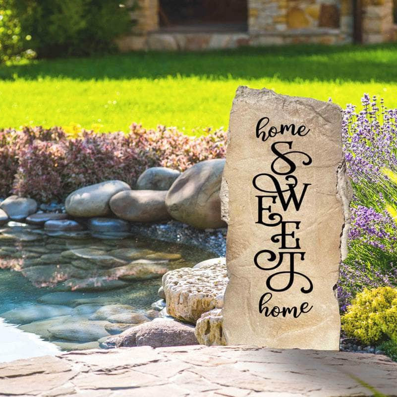 Elegant upright landscape stone featuring the classic Home Sweet Home message, perfect for flower beds, sidewalks, and front yard décor.
