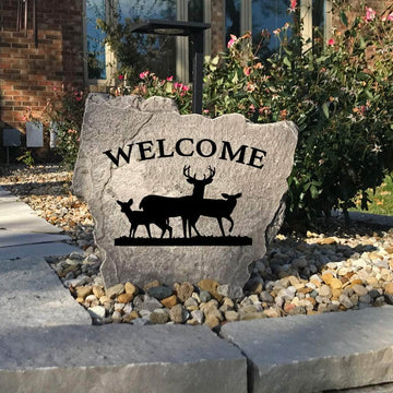 Handcrafted deer welcome garden stone combining elegant woodland artwork with premium engraved craftsmanship for lasting outdoor beauty.