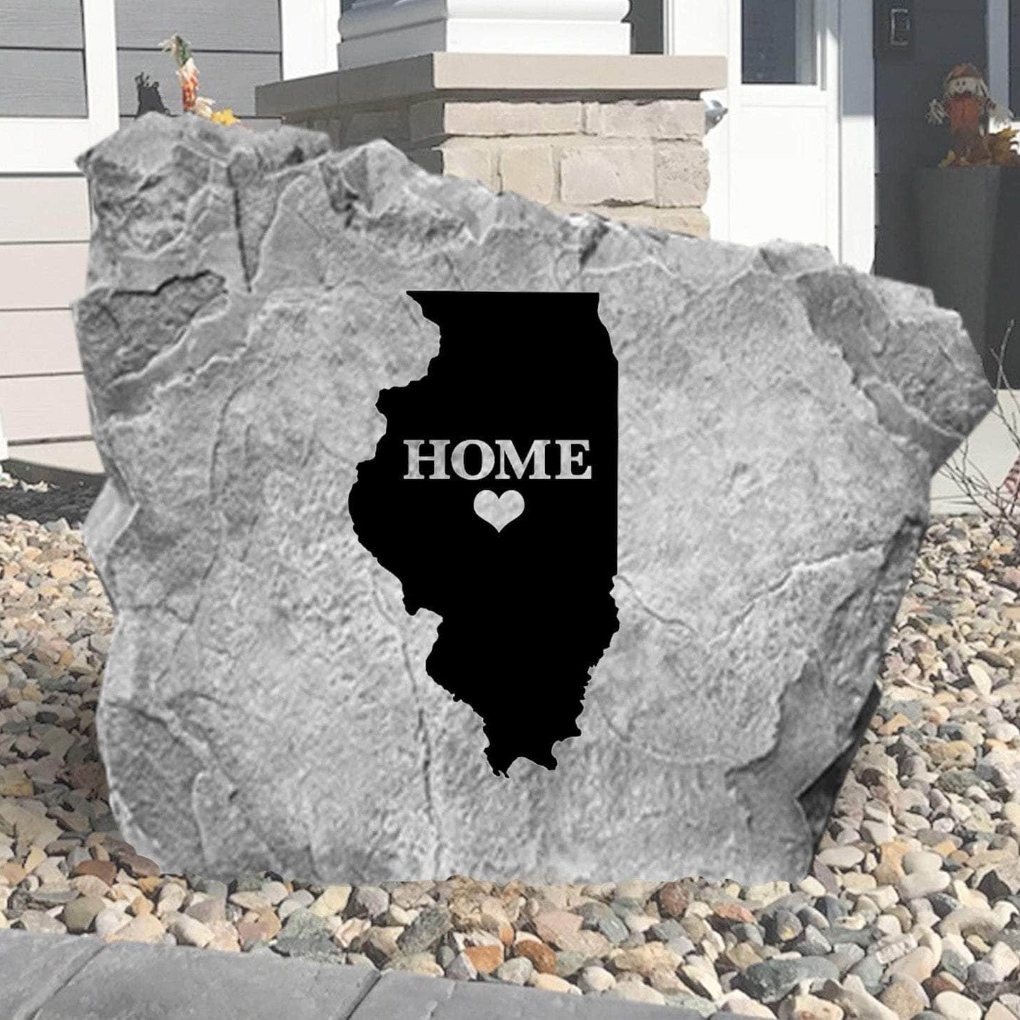 Custom state-shaped engraved concrete stone designed to showcase hometown pride while enhancing gardens, walkways, patios, and front entrances.