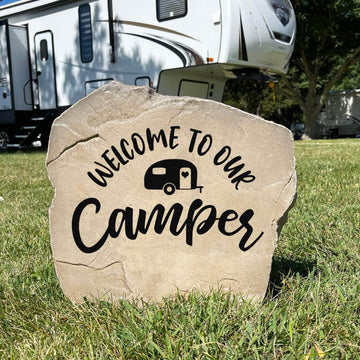 Rustic Welcome To Our Camper landscape stone designed to complement campfire areas, picnic spaces, and cozy camping retreats with timeless style.