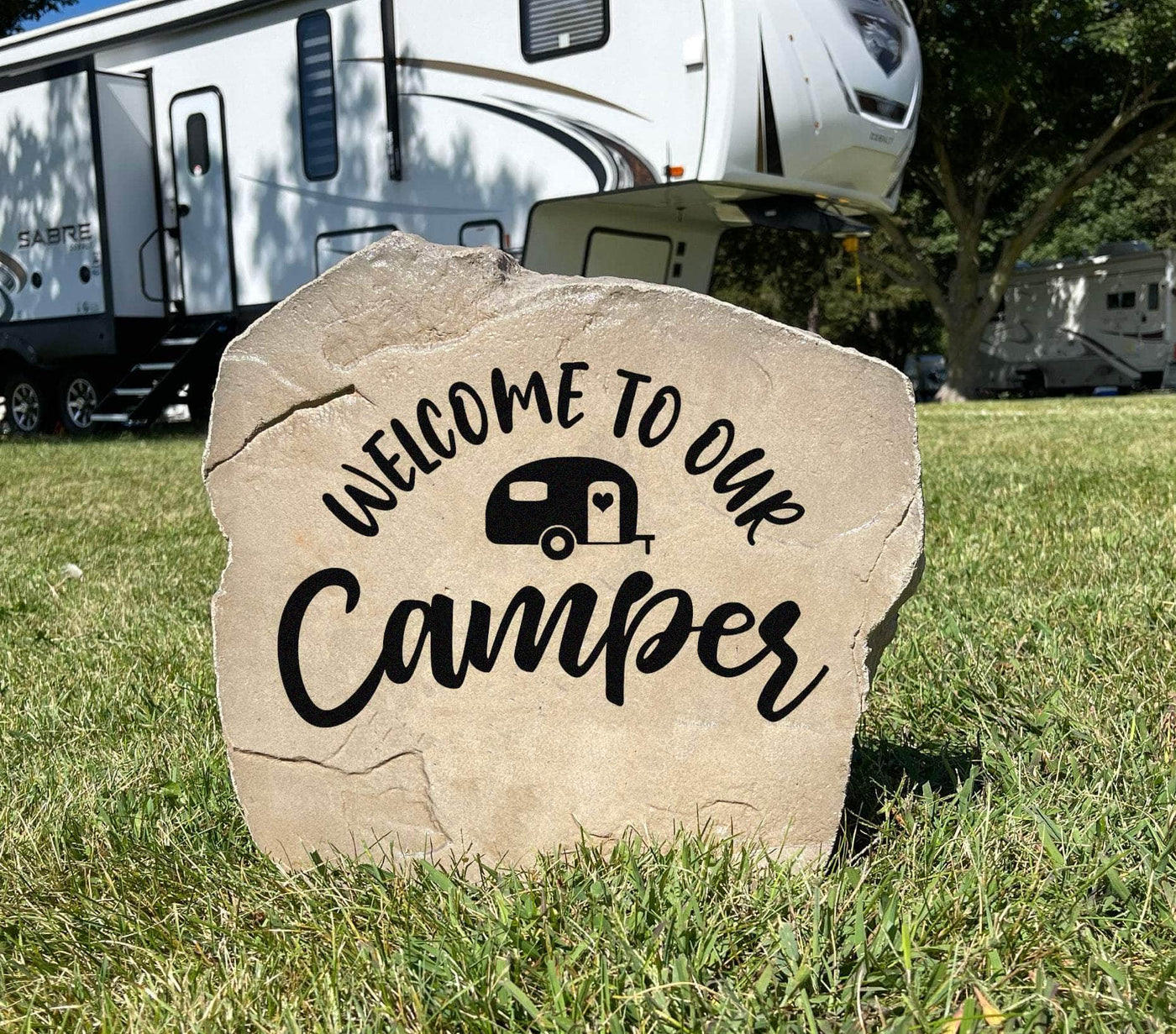 Custom outdoor camper welcome stone for RV and trailer lovers