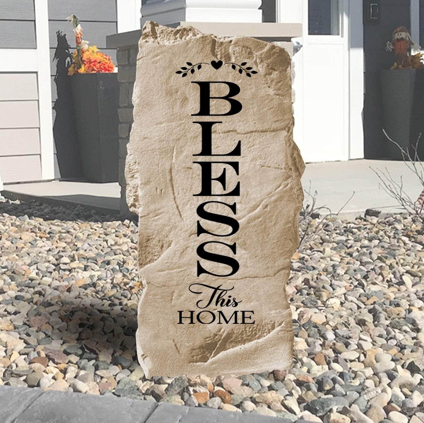 Inspirational Bless This Home concrete plaque crafted to celebrate faith, family, and hospitality with a beautiful outdoor accent built to last.