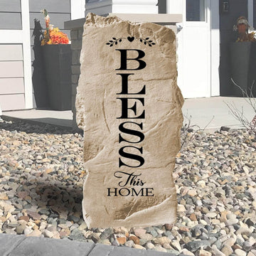 Inspirational Bless This Home concrete plaque crafted to celebrate faith, family, and hospitality with a beautiful outdoor accent built to last.