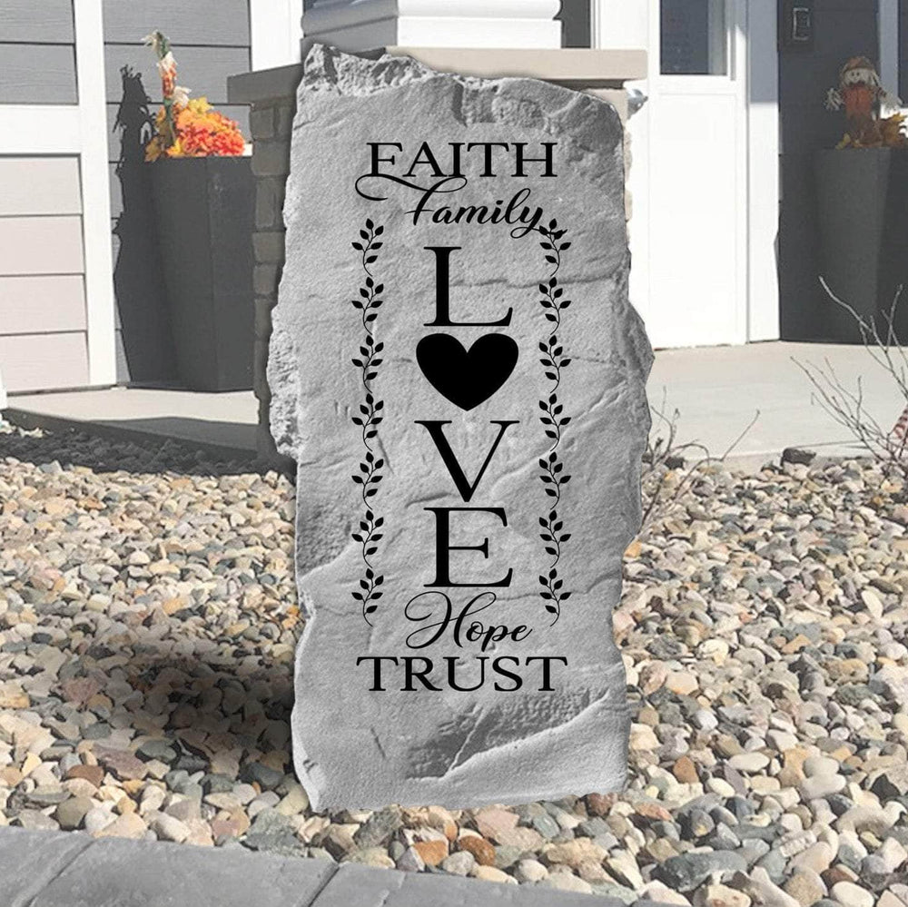 Inspirational Faith Family Love concrete plaque crafted to bring encouragement, warmth, and timeless character to gardens, patios, and entryways.