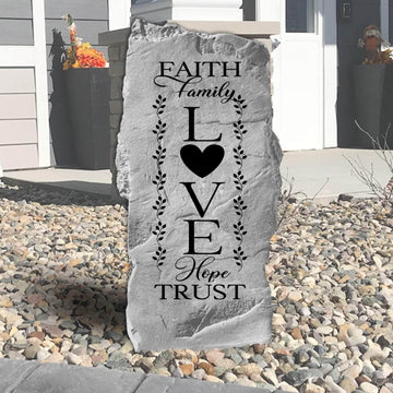Inspirational Faith Family Love concrete plaque crafted to bring encouragement, warmth, and timeless character to gardens, patios, and entryways.