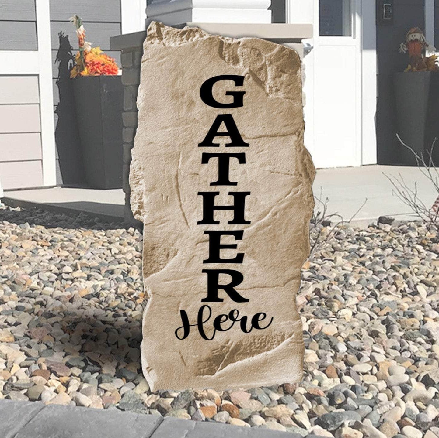 Decorative Gather Here garden plaque crafted from durable concrete, creating a welcoming gathering place for patios, backyards, and front entrances.