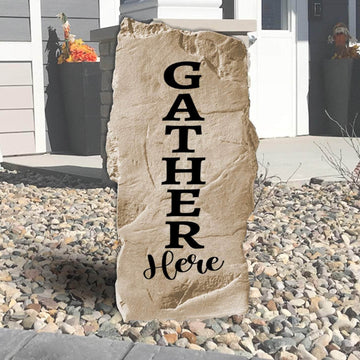 Decorative Gather Here garden plaque crafted from durable concrete, creating a welcoming gathering place for patios, backyards, and front entrances.