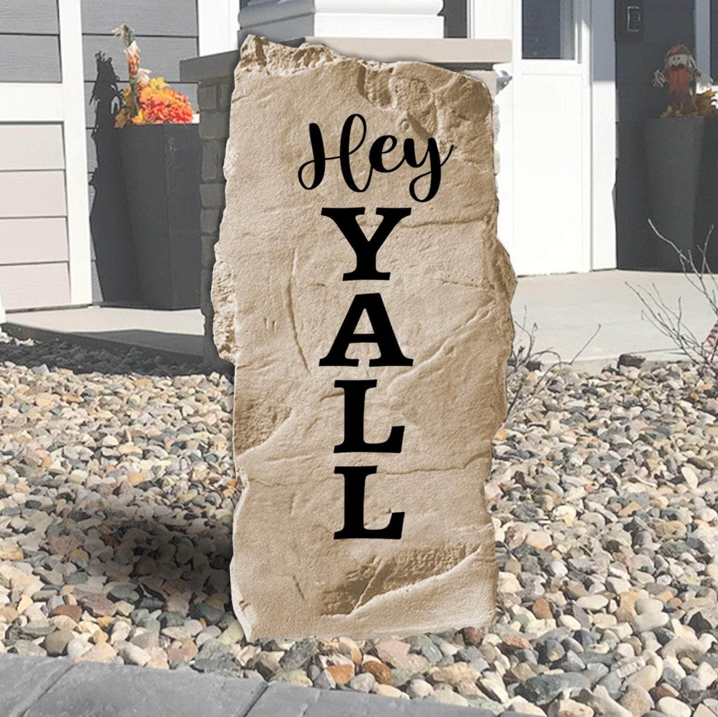 Decorative Hey Y'all concrete garden plaque designed to greet guests with friendly Southern charm and timeless outdoor style.