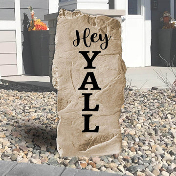 Decorative Hey Y'all concrete garden plaque designed to greet guests with friendly Southern charm and timeless outdoor style.