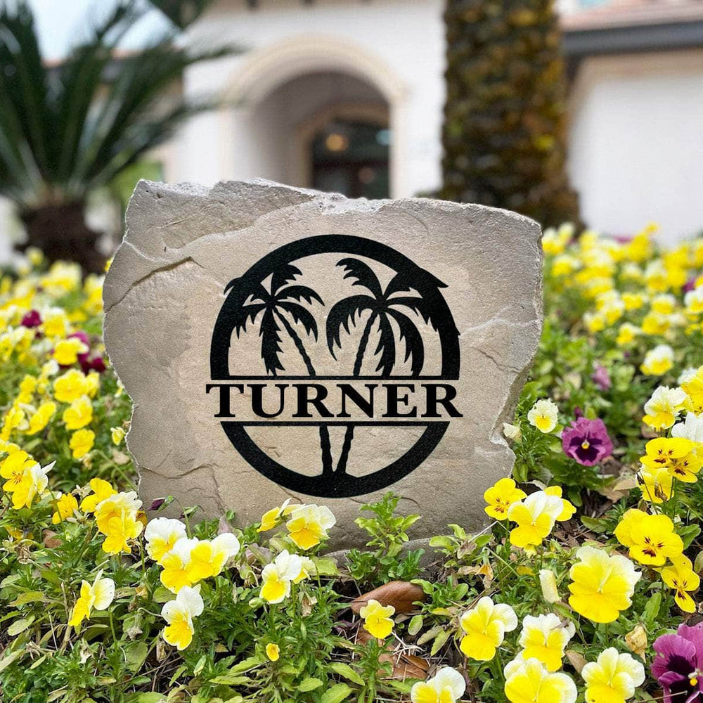 Weather-resistant palm tree family name stone designed to enhance curb appeal with a custom monogram and timeless island-inspired style.