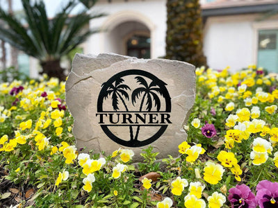 Engraved palm tree monogram stone gift for outdoor garden display