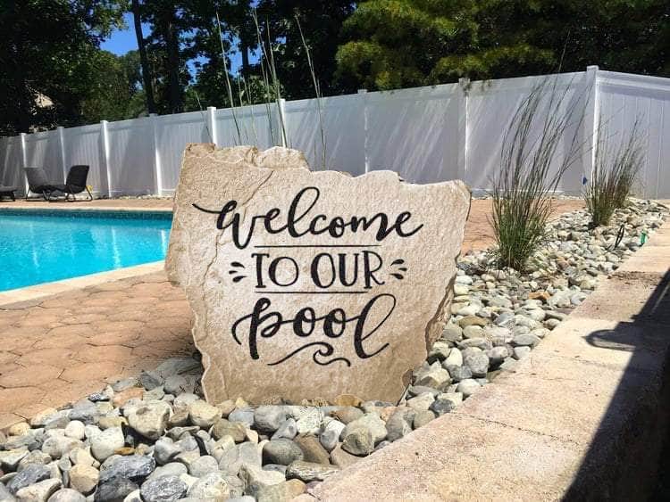 Personalized poolside welcome stone for garden and patio decor
