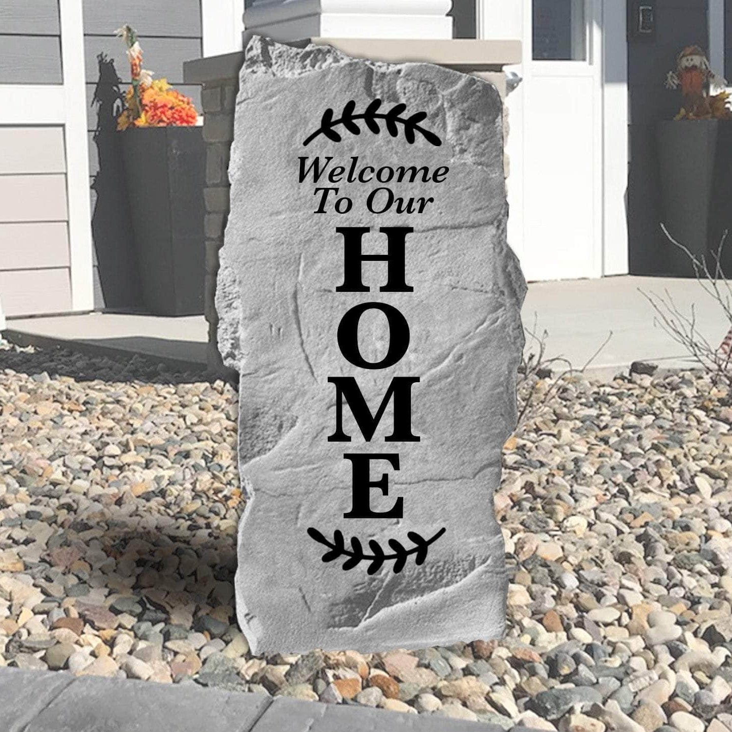 Tall personalized welcome stone crafted from durable concrete, adding timeless charm and hospitality to gardens, patios, and home's exterior décor.