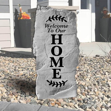 Tall personalized welcome stone crafted from durable concrete, adding timeless charm and hospitality to gardens, patios, and home's exterior décor.