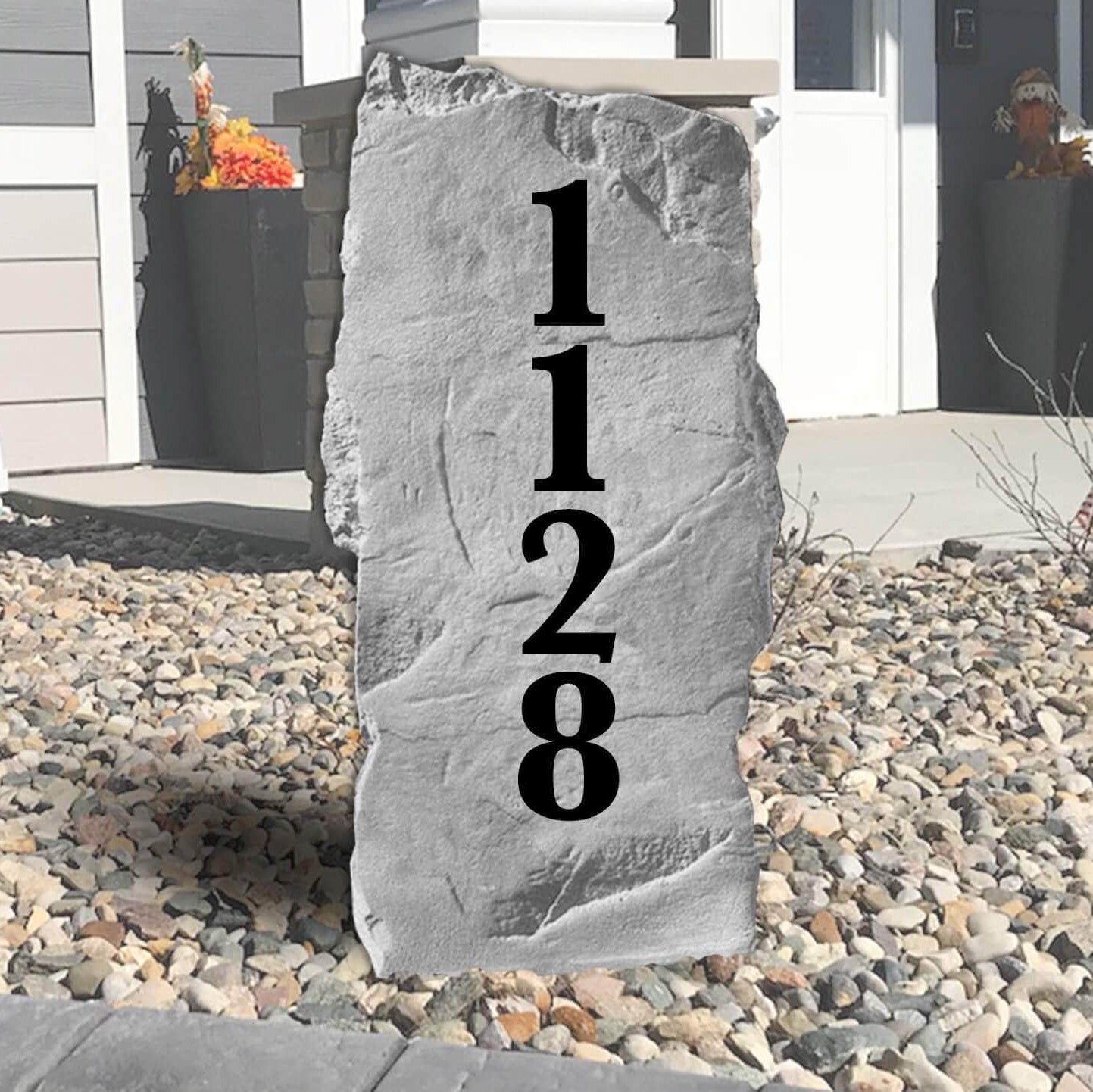 Tall engraved address plaque crafted from durable concrete, combining elegant curb appeal with highly visible home identification.