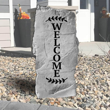 Tall welcome landscape plaque crafted from durable concrete, bringing timeless elegance and hospitality to your home's outdoor décor.