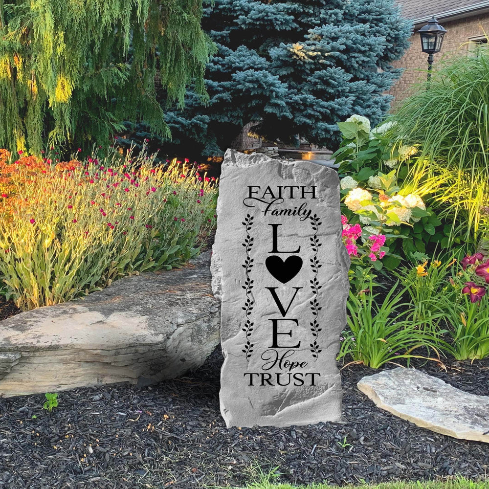 Weather-resistant inspirational lawn stone designed to showcase your family's values while enhancing flower beds, walkways, and front yard décor.