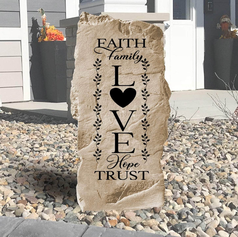 Faith Family Love engraved garden stone celebrating the values that matter most with a beautiful addition to your home's outdoor landscape.