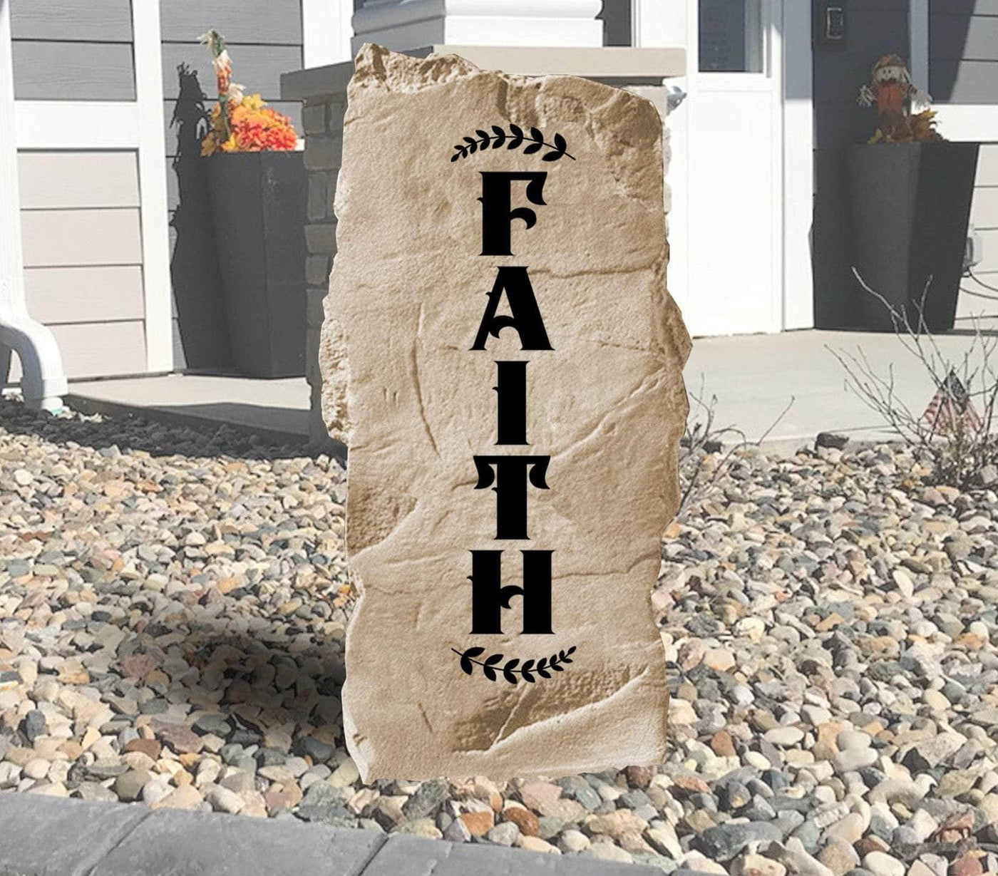 Engraved stone featuring the word Faith for home or garden