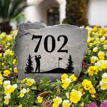Decorative golf landscape address marker featuring personalized street numbers, ideal for front yards, driveways, walkways, and country club communities.
