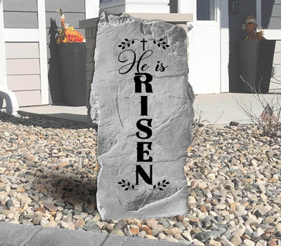 Engraved He Is Risen stone for Easter Christian decor