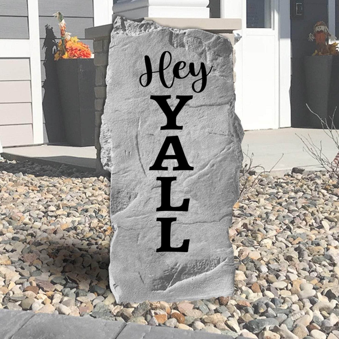 Hey Y'all engraved welcome stone adding warm Southern hospitality to front porches, gardens, walkways, and beautifully landscaped entryways.