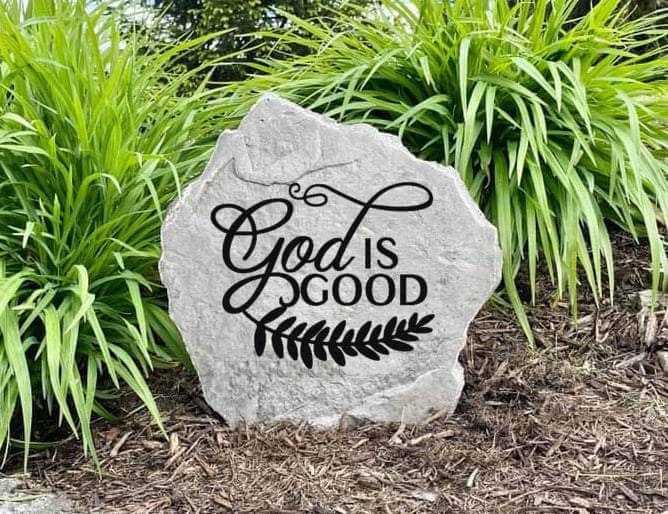 Inspirational garden rock featuring God Is Good vine design engraving