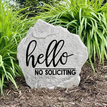 Weather-resistant No Soliciting outdoor marker featuring a friendly greeting and clear message, perfect for walkways, flower beds, and front entrances.