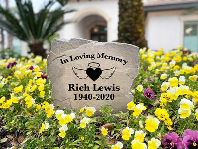 Custom tribute stone with angel wings and heart engraving