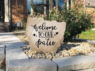 Outdoor decorative rock with engraved Welcome to Our Patio design