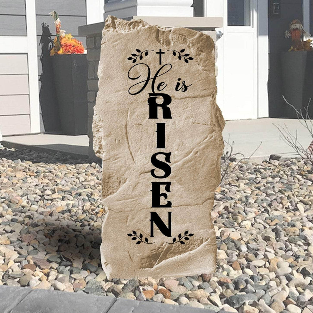 Inspirational Christian landscape stone featuring the message "He Is Risen," bringing a beautiful expression of faith to gardens, walkways, and front yards.