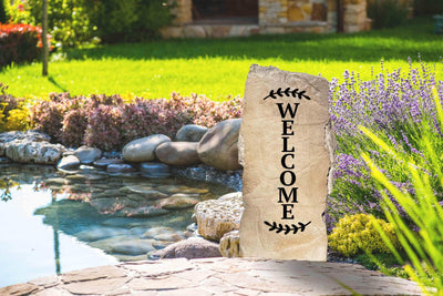 Engraved vertical welcome stone made of durable concrete