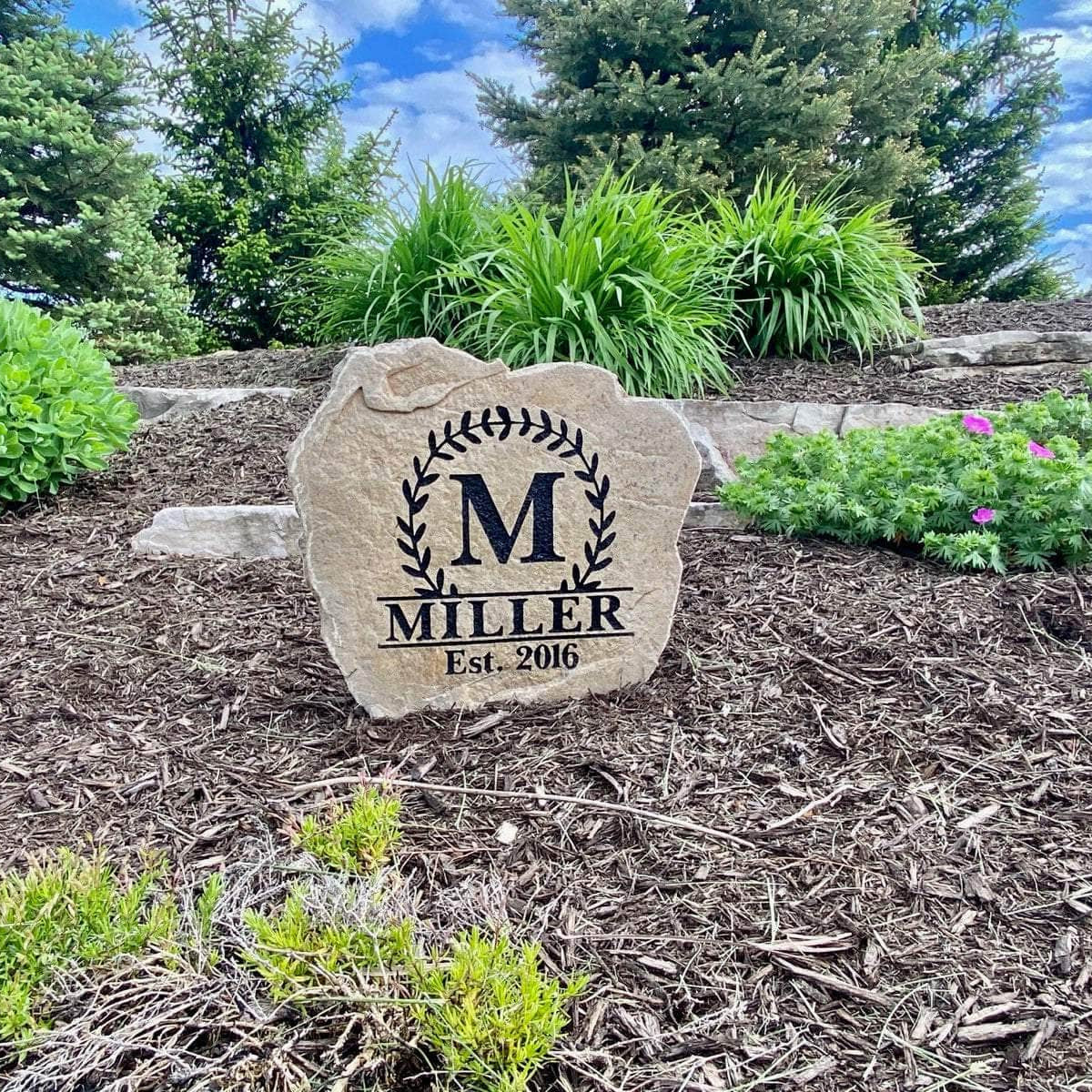 Weather-resistant Vine Monogram landscape marker showcasing your family name and established date with graceful vine details and premium craftsmanship.