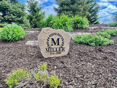 Custom engraved vine monogram family stone for porch or garden entryway