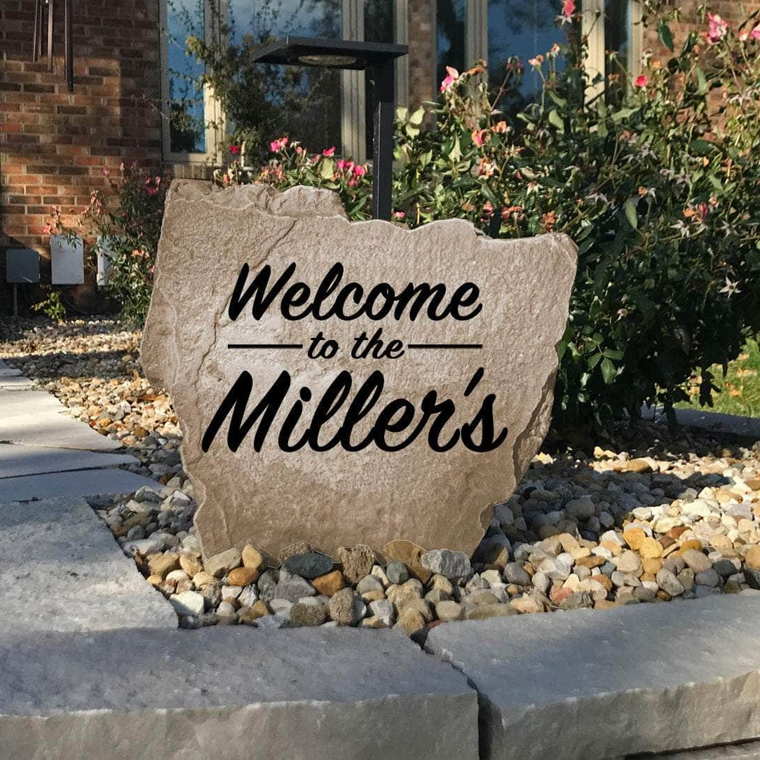 Handcrafted engraved Welcome Name Stone combining elegant craftsmanship with your family name to create a lasting outdoor centerpiece.