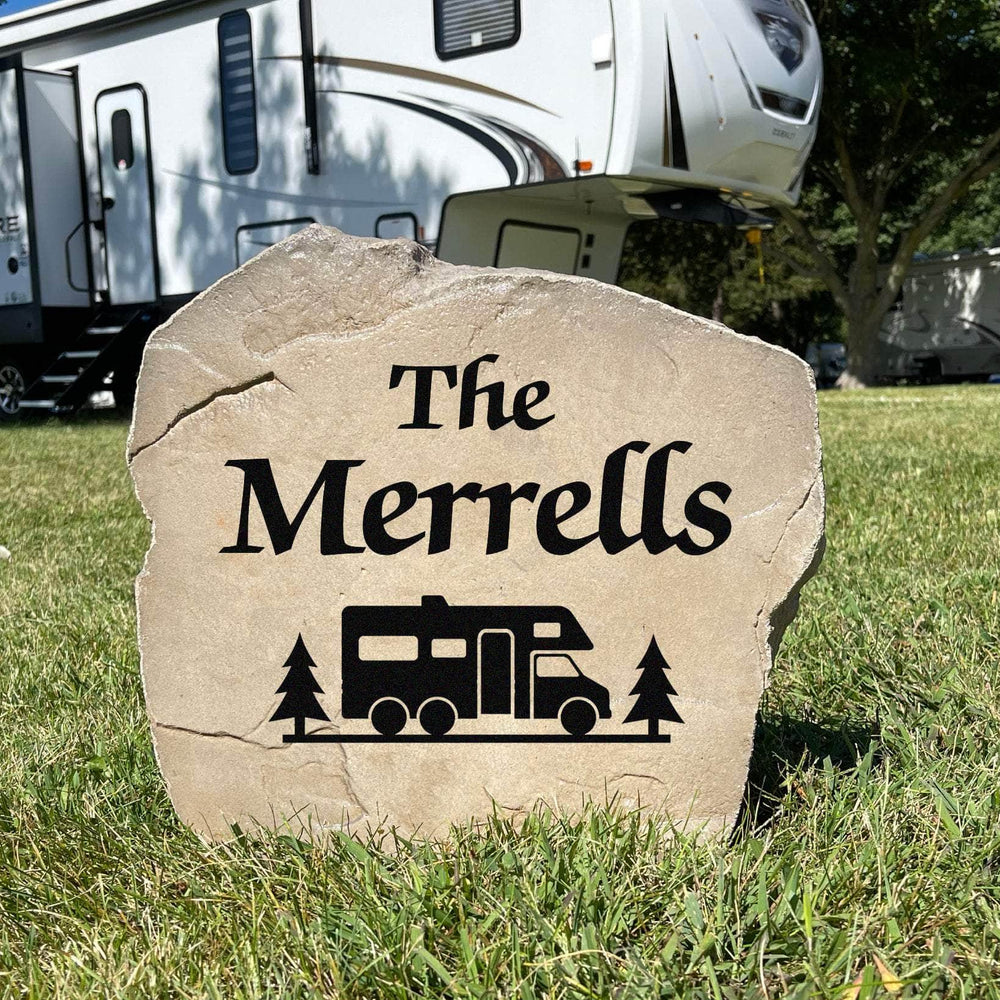 Decorative RV family name landscape stone designed to showcase your campsite with timeless style and weather-resistant durability.