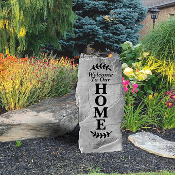 Handcrafted upright welcome monument offering a refined, space-saving design that complements flower beds, front entrances, and outdoor living areas.