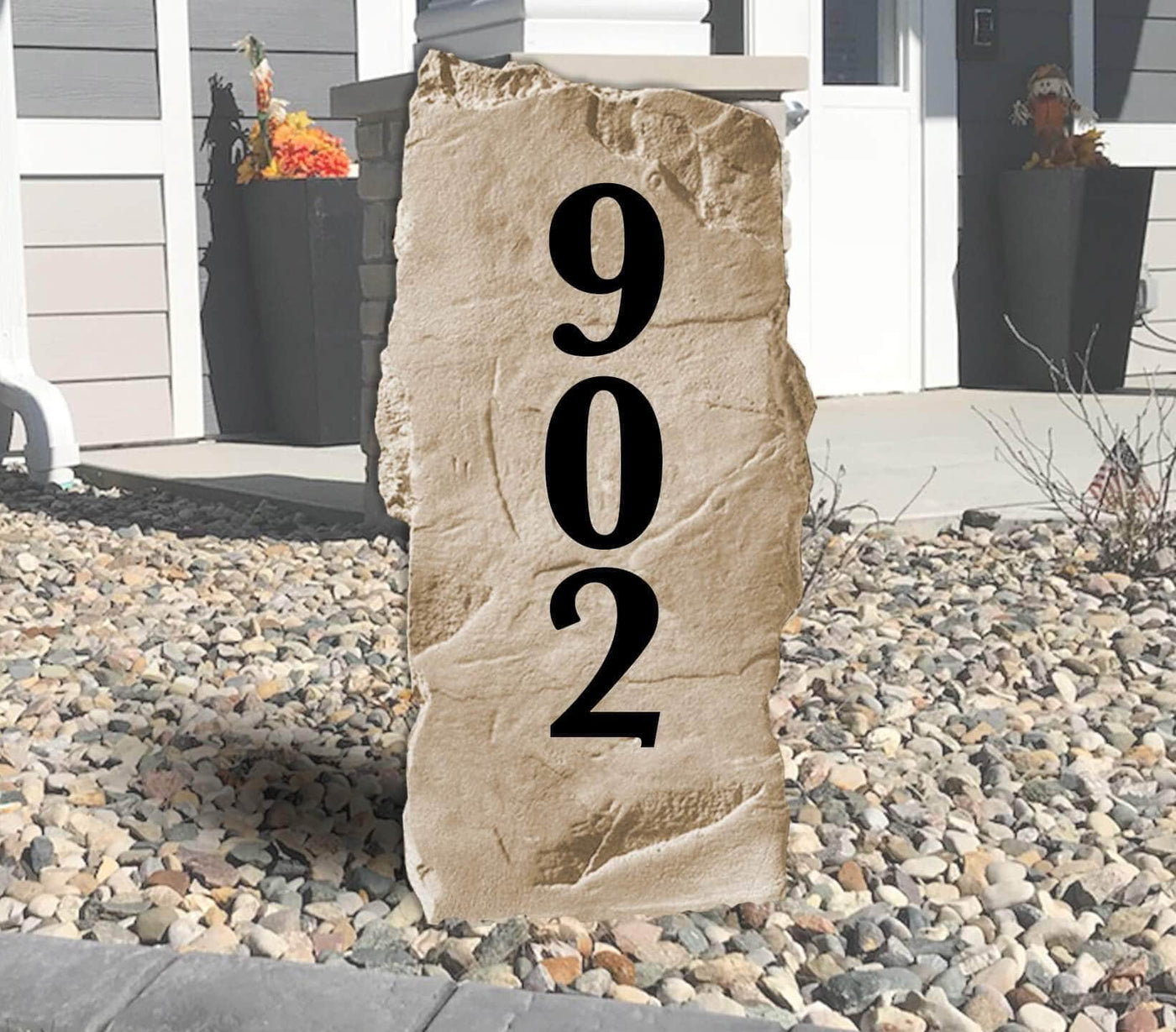 Vertical engraved address number stone for outdoor home décor