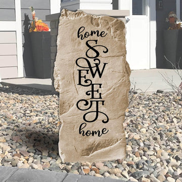 Vertical Home Sweet Home engraved stone bringing timeless charm to front porches, entryways, and beautifully landscaped outdoor spaces.
