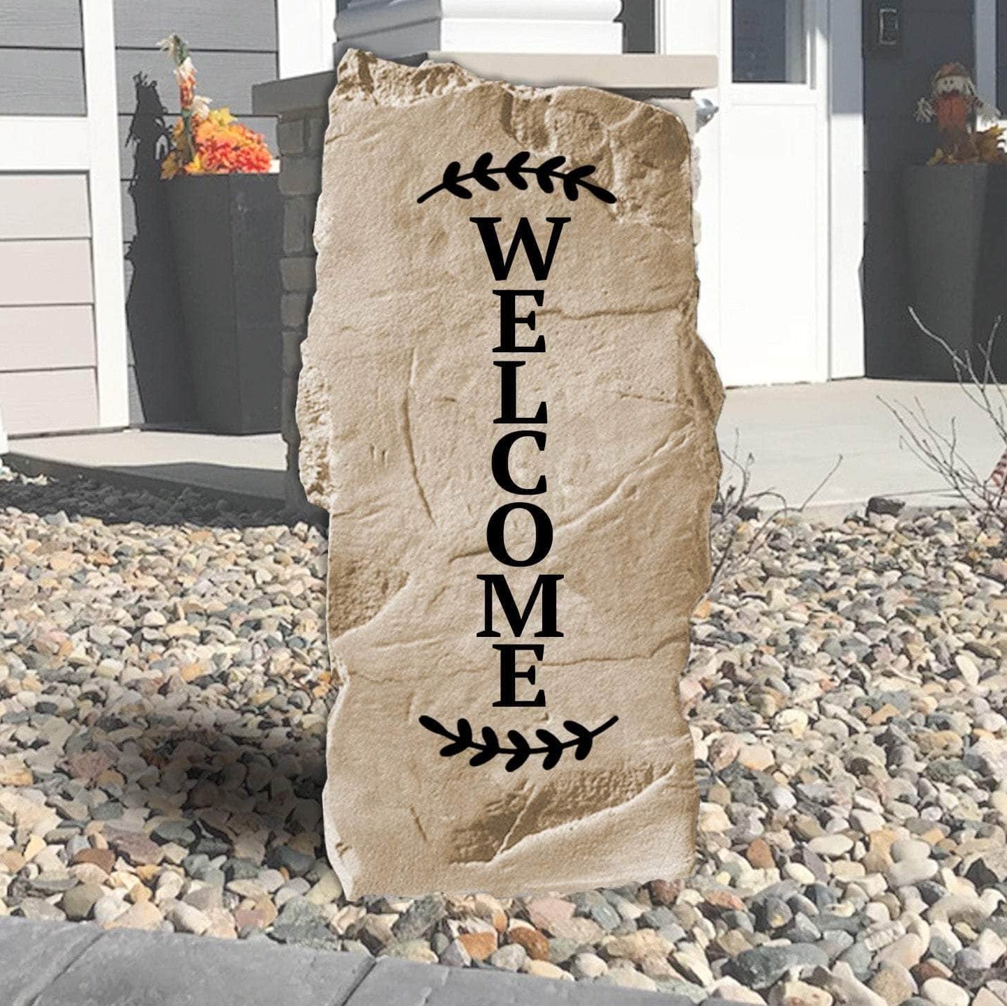 Vertical Welcome engraved stone designed to create an inviting entrance while enhancing front porches, walkways, and landscaped garden beds.