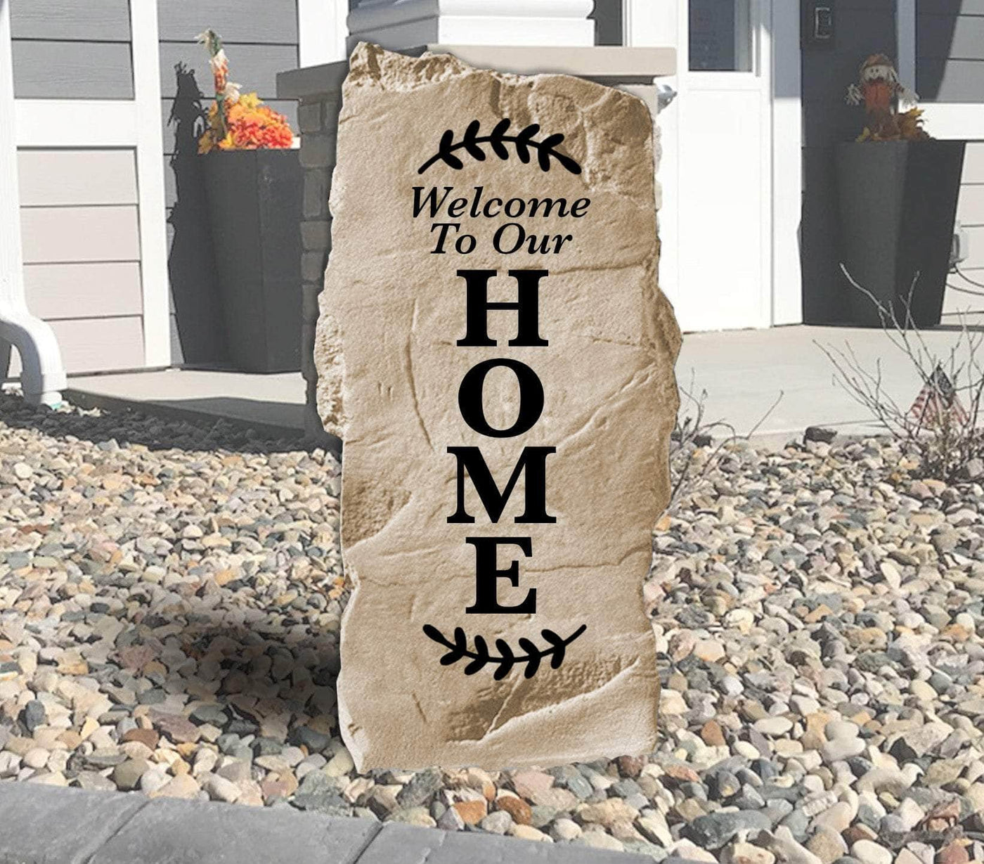 Vertical engraved welcome to our home stone for entryway