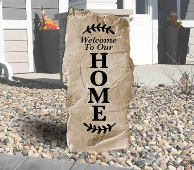 Vertical engraved welcome to our home stone for entryway